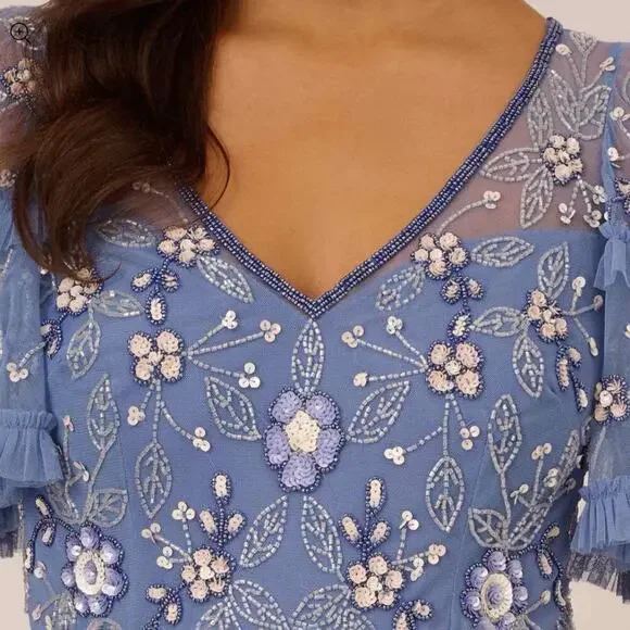 Adrianna Papell Blue Floral Embroidered Midi Dress - Picture 9 of 15